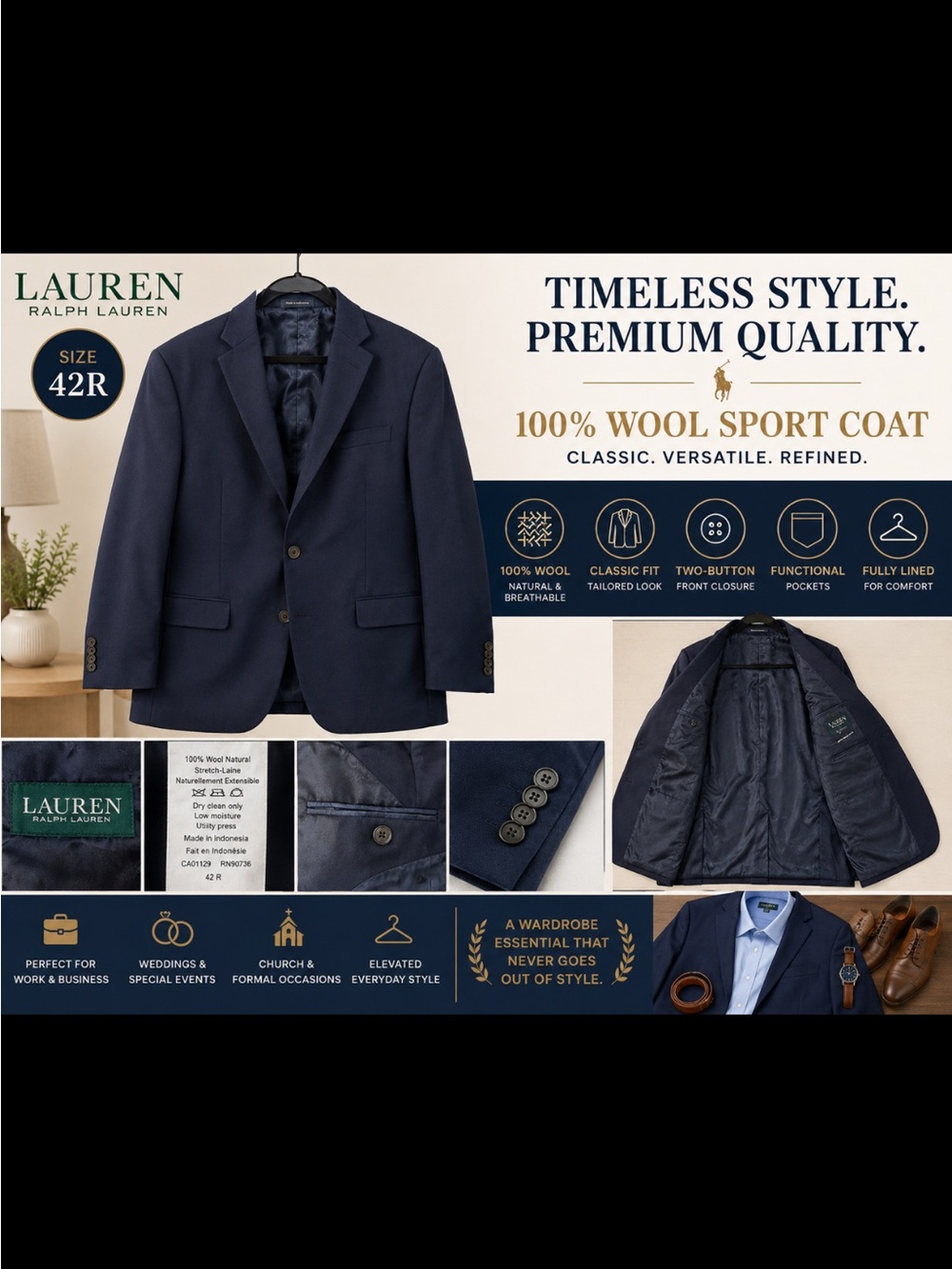 Lauren Ralph Lauren Navy Two-Button Wool Sport Coat